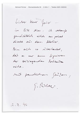 RICHTER, GERHARD. Three items Signed: Autograph Letter * Two postcards showing reproductions of his works.